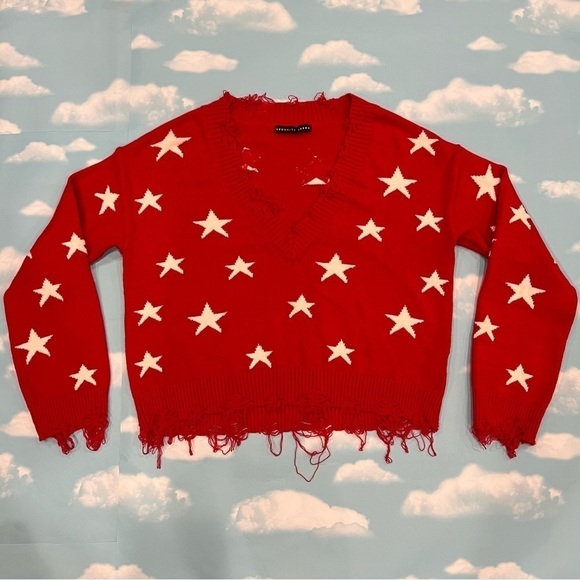 Brooklyn Karma Red Sweater, Distressed Vneck with Stars - Picture 1 of 7